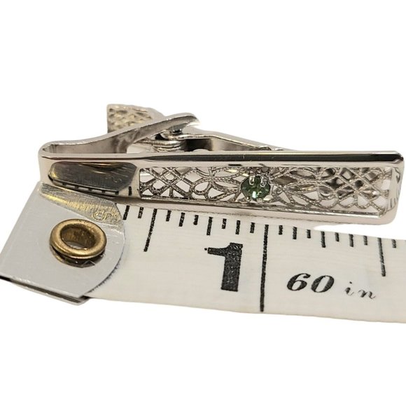 Stunning Vintage Cufflinks And Tie Pin Green Rhinestone Silvertone Alstein‎ Box - Picture 7 of 16